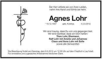 Traueranzeige von Agnes Lohr von Pegnitz-Zeitung
